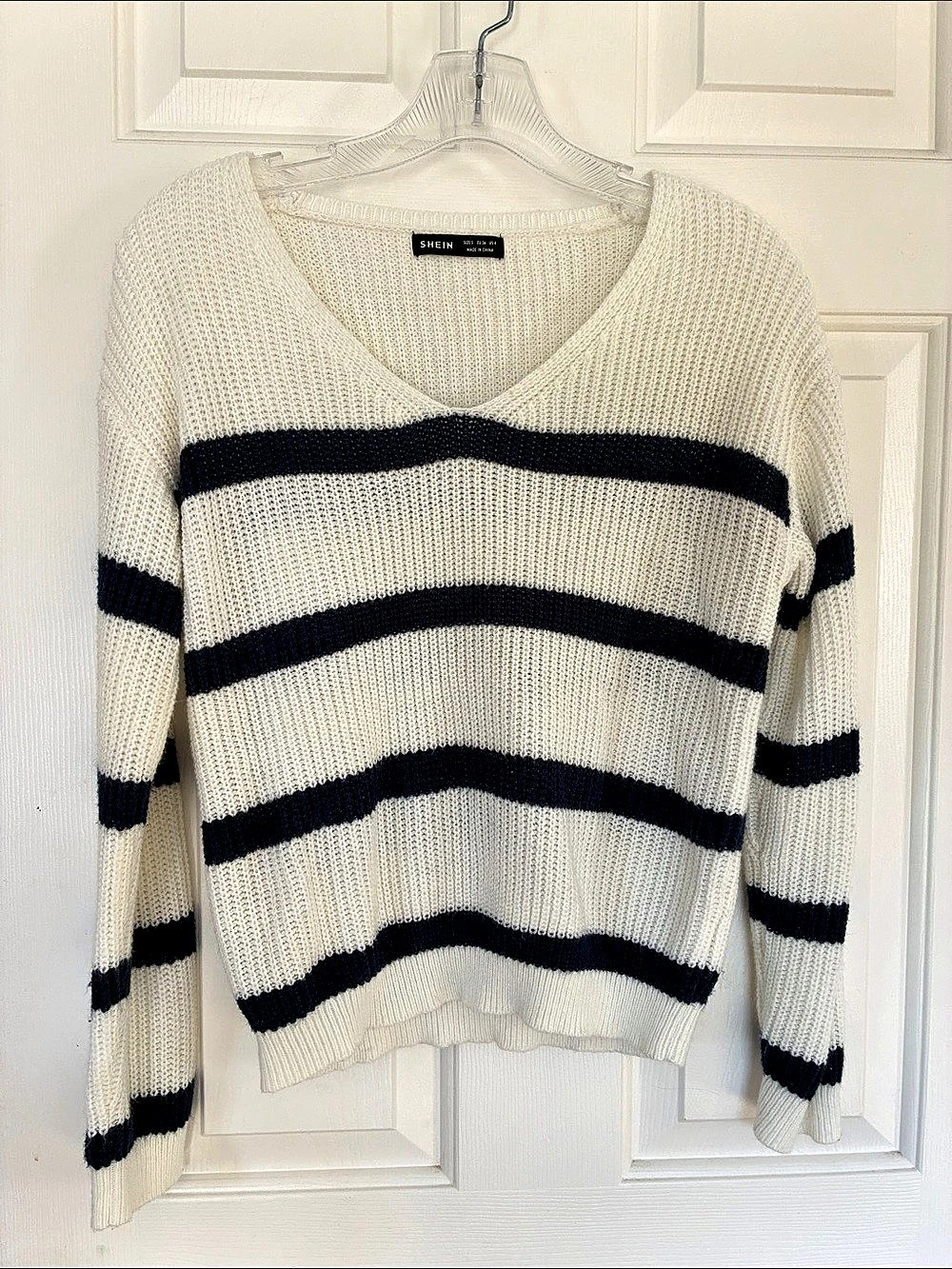 SHEIN Striped V-Neck Sweater in Cream & Black Size Small